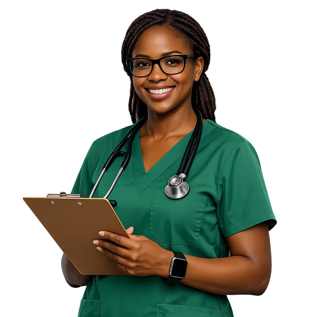 Smiling healthcare professional with stethoscope holding a clipboard