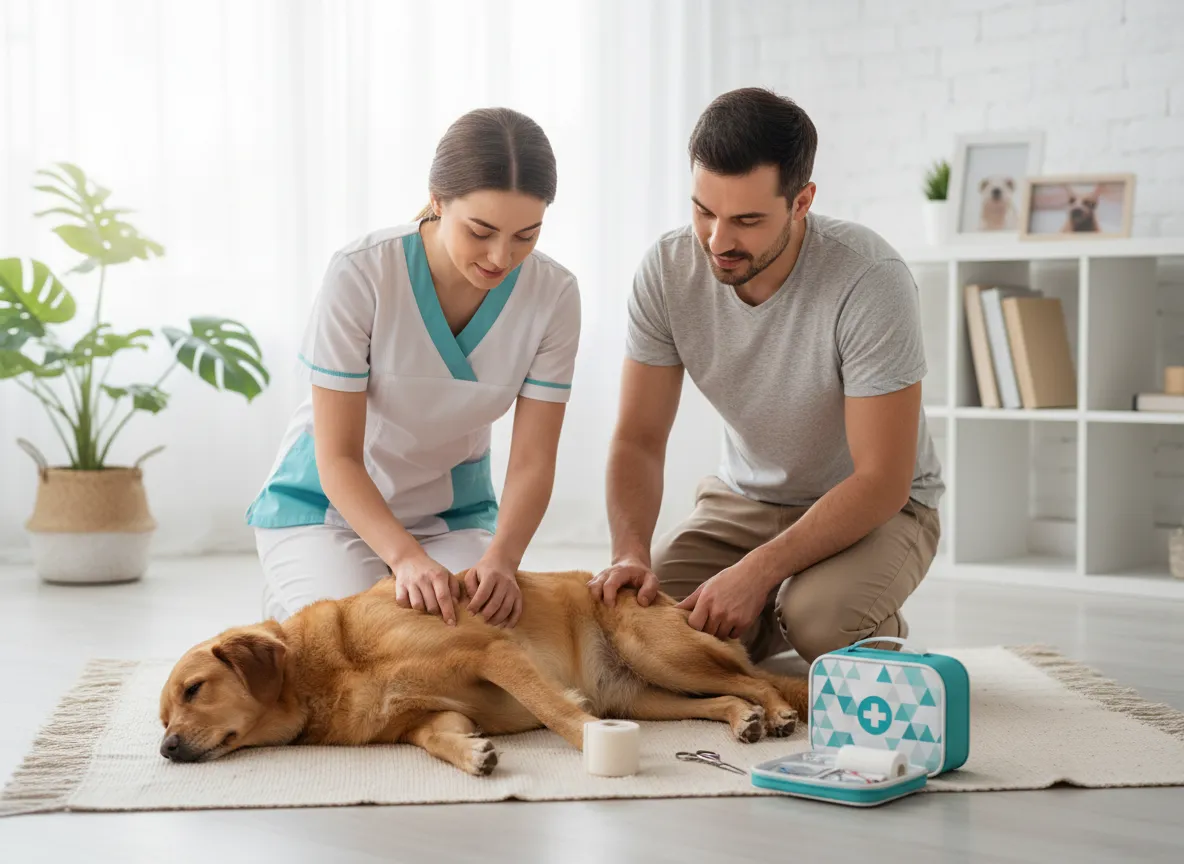 Tutor aplicando primeros auxilios a su perro sobre una manta