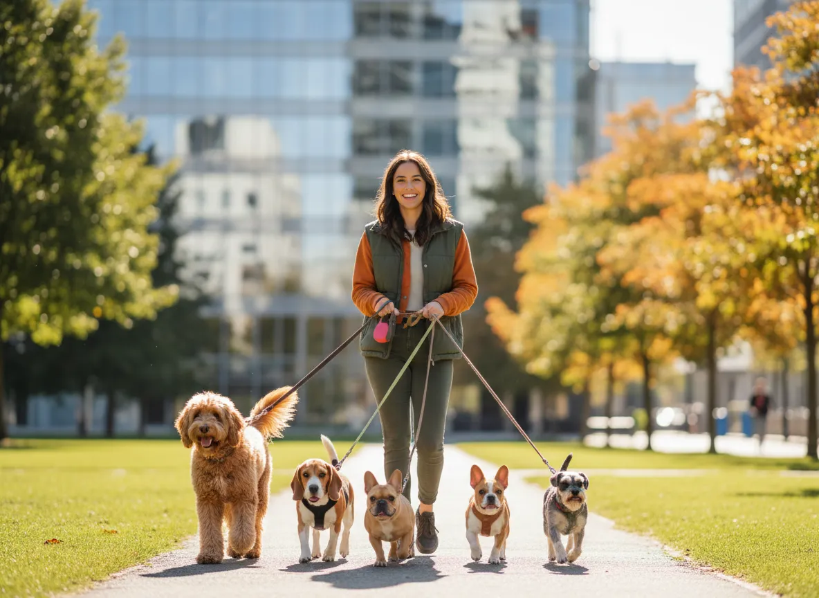 Persona paseando perros felices en un parque