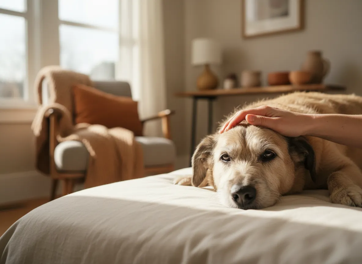 Persona acariciando a un perro anciano feliz en casa