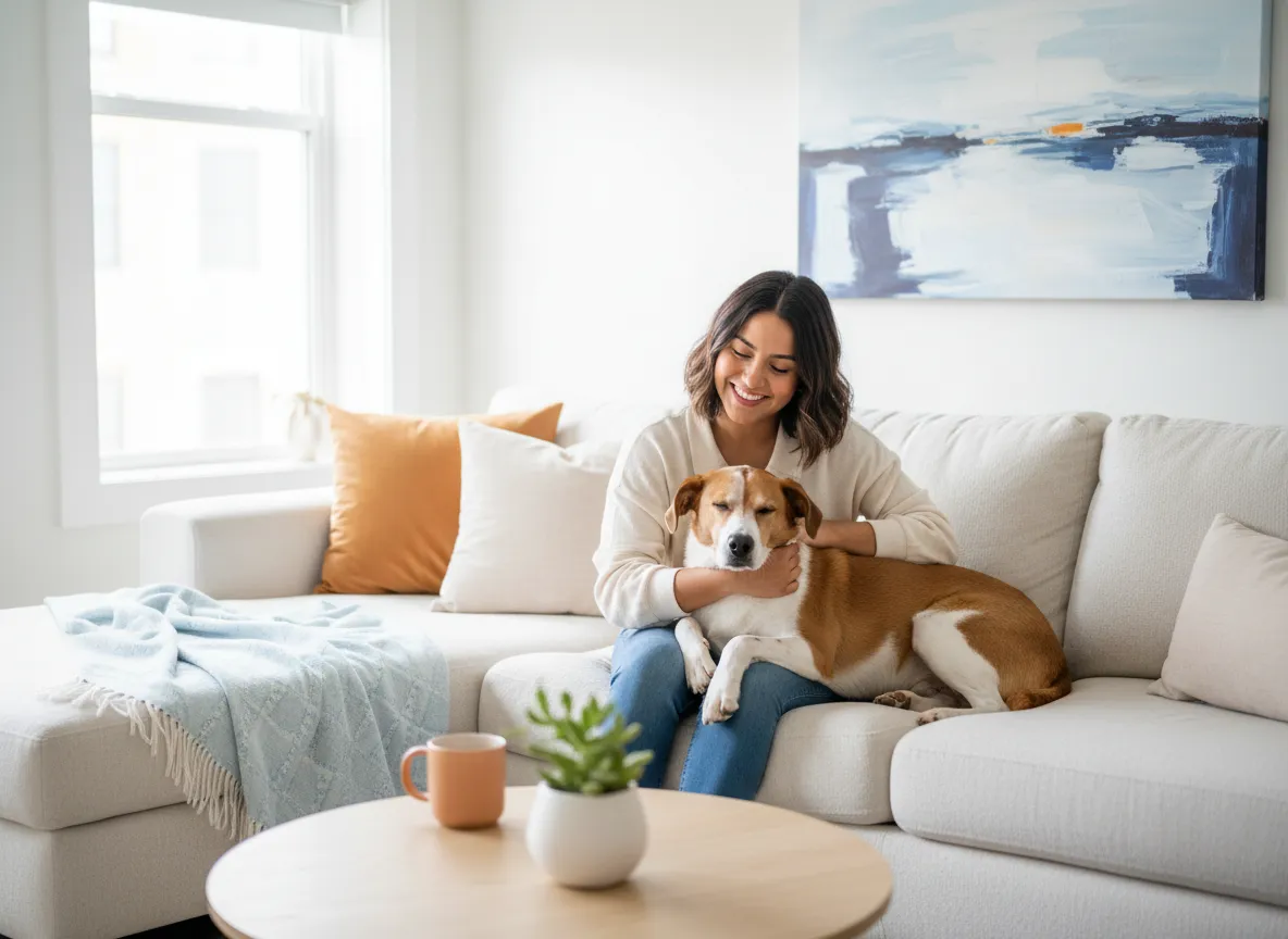 Dueña abrazando a su perro tranquilo en el sofá