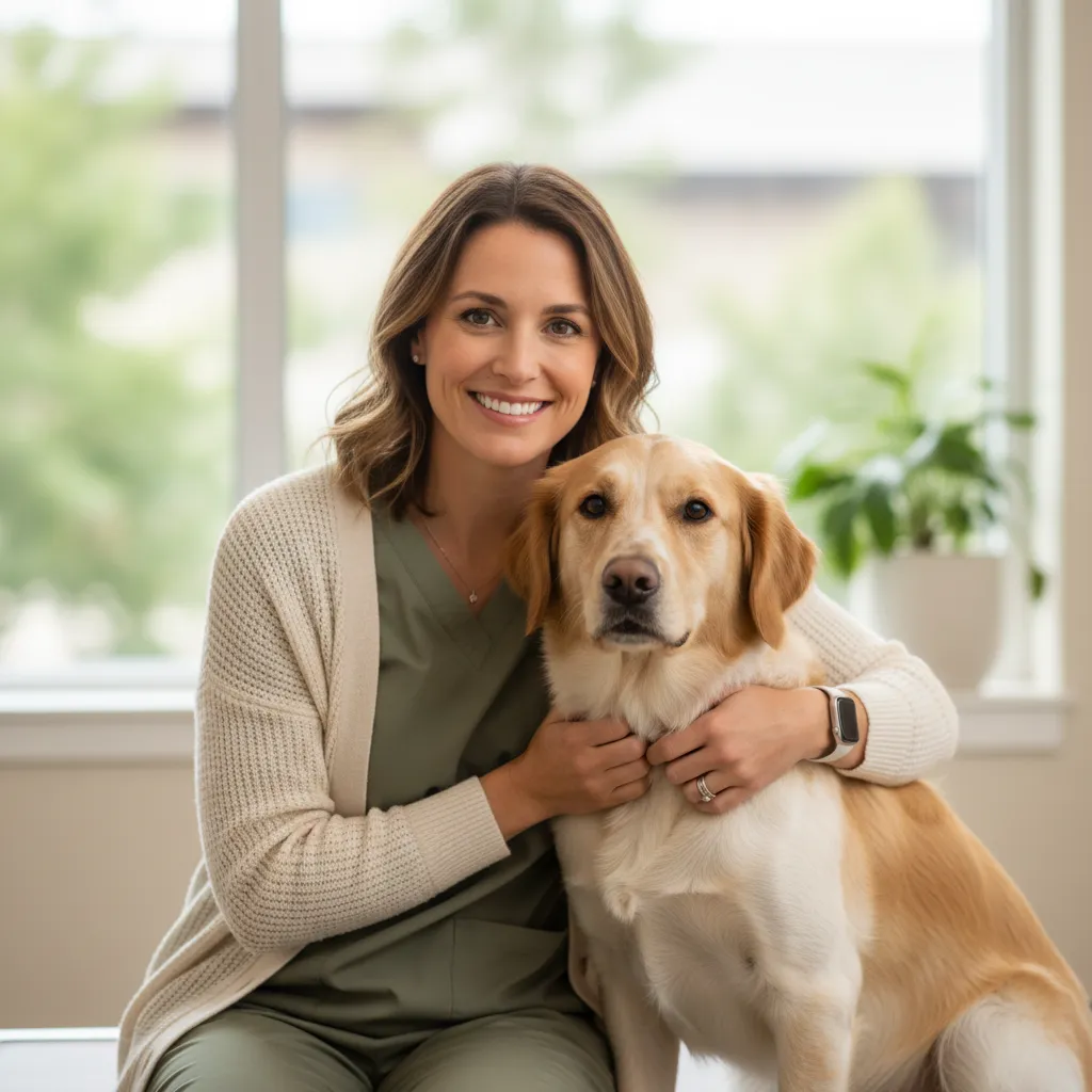 Instructora del curso de primeros auxilios para perros sonriendo junto a un perro