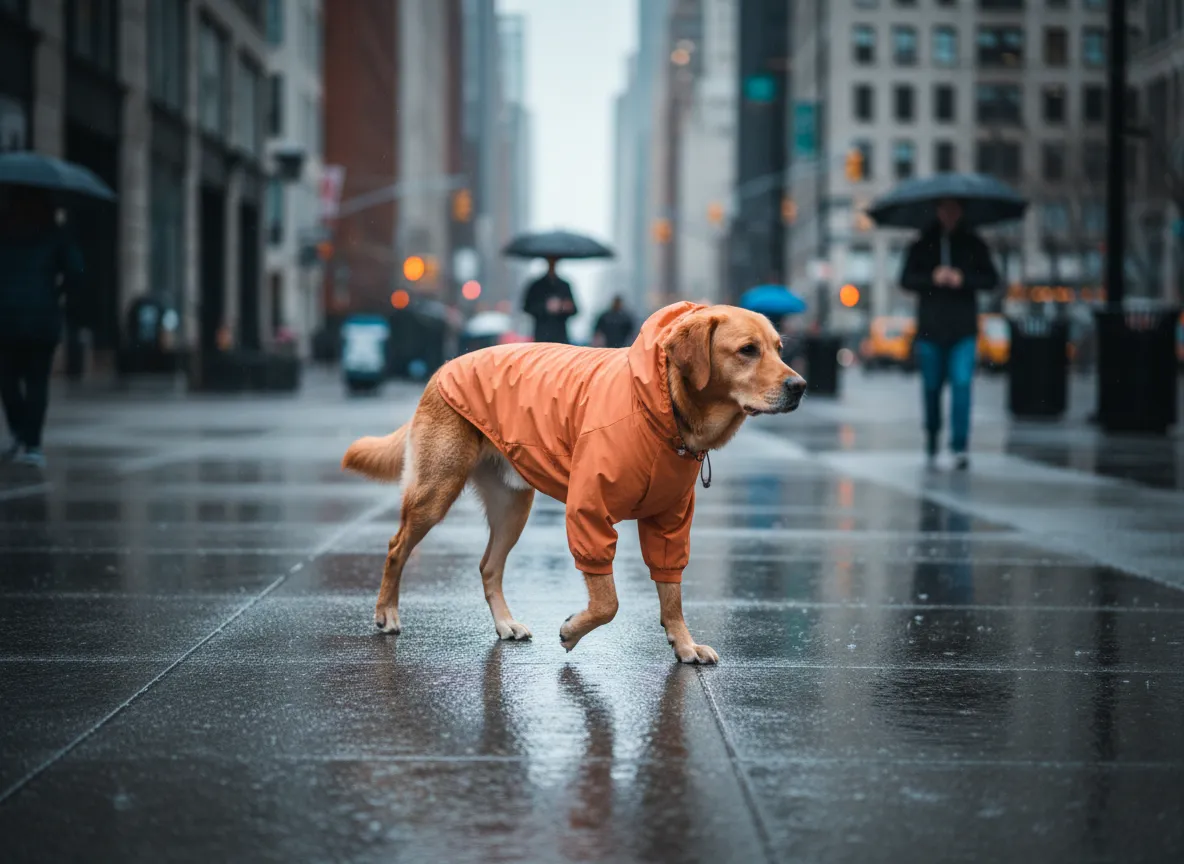 Perro mediano con impermeable