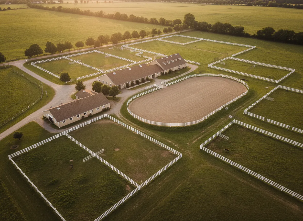 Aerial view of horse farm with arena and paddocks at sunset