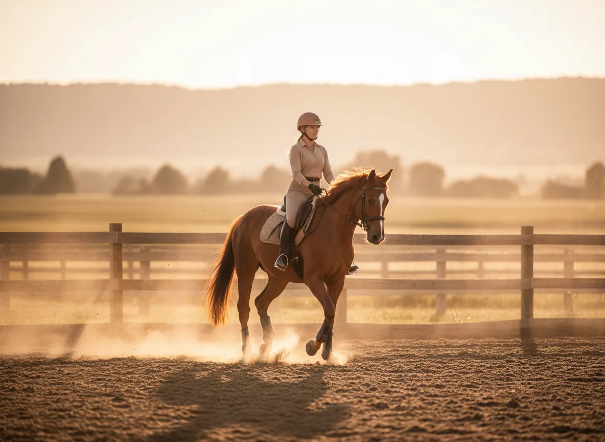 Horse and rider at golden hour in an arena
