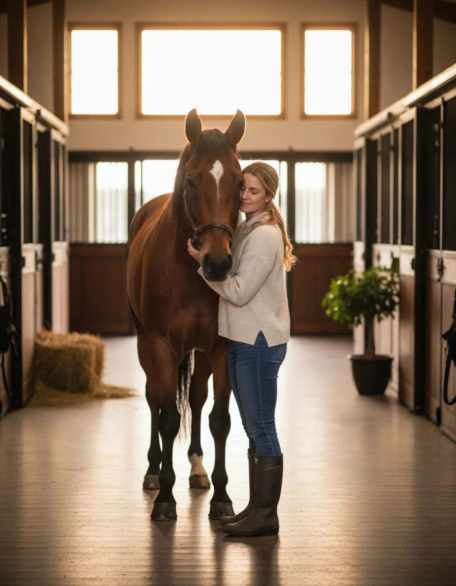 Rider hugging horse in stable aisle in warm evening light
