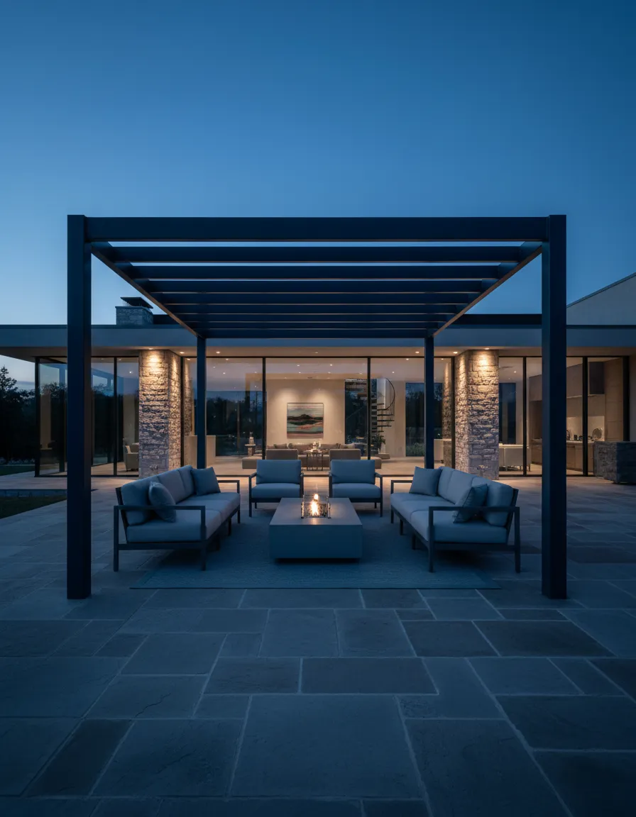 Modern black aluminum pergola over a stone patio outdoor living space with couches and a fire pit table at dusk by MTN Sunrooms in Middle Tennessee.