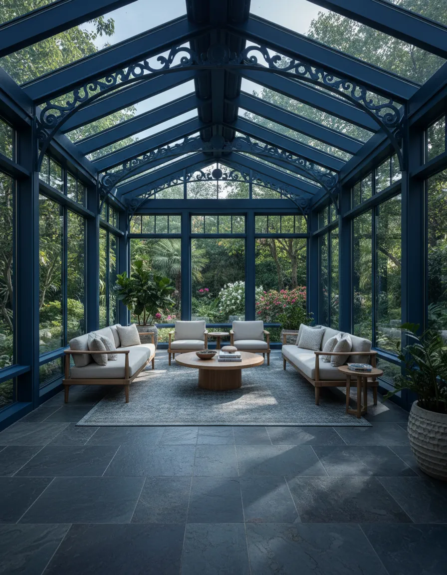 Luxury custom sunroom glass atrium with a dark metal frame, stone flooring, and upscale patio furniture by MTN Sunrooms