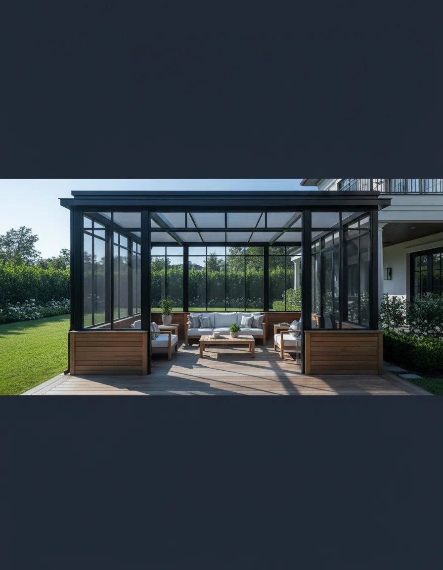 Custom patio enclosure screen room with a black metal frame and wood paneling on a backyard deck built by MTN Sunrooms in Middle Tennessee