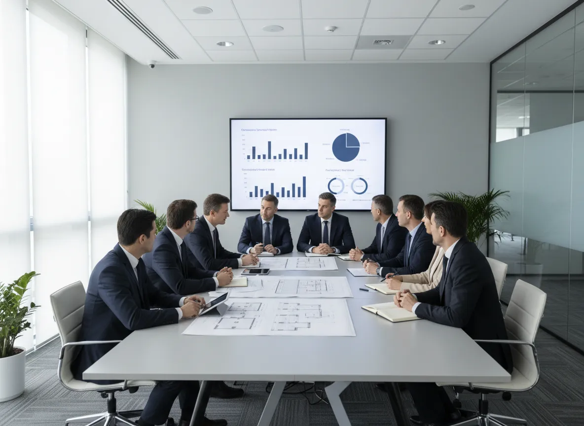 Reunión empresarial analizando inmuebles comerciales SPEEIZ