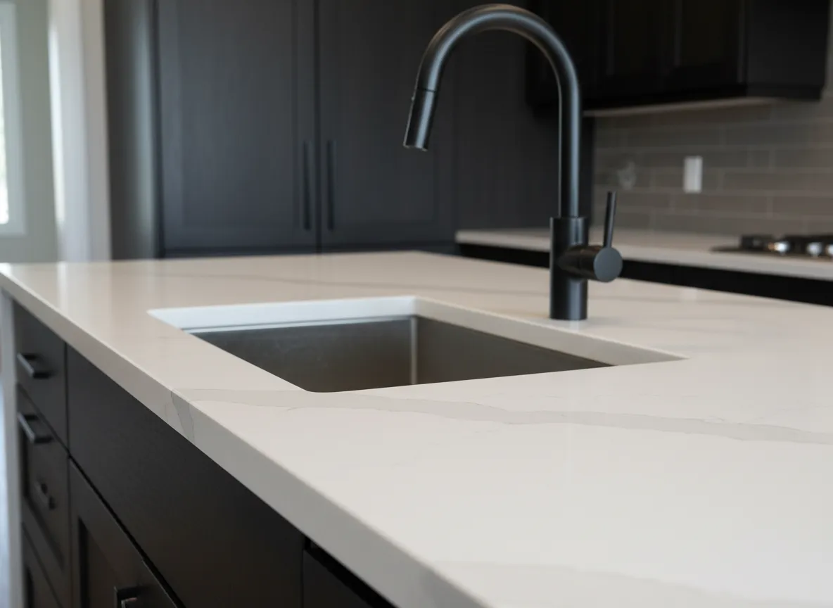 Closeup of quartz countertop with undermount sink