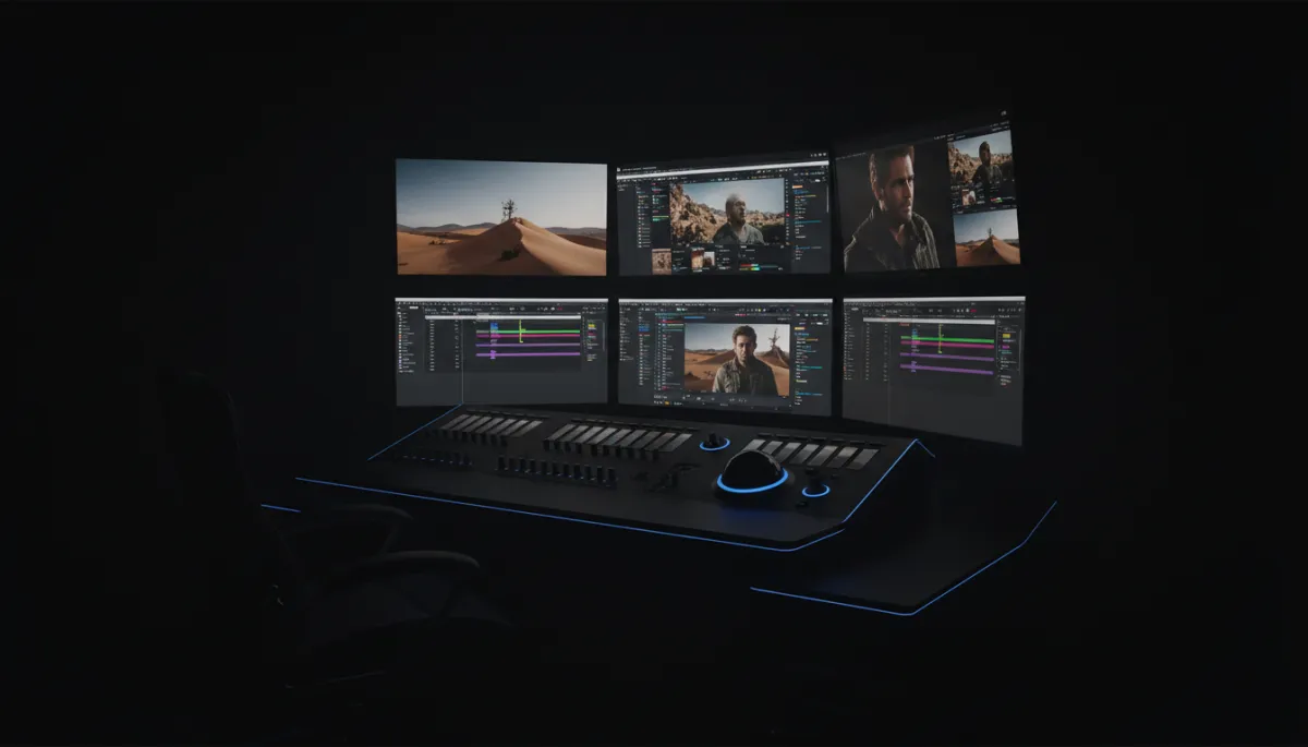 A massive, cinematic dark editing studio with technical monitors