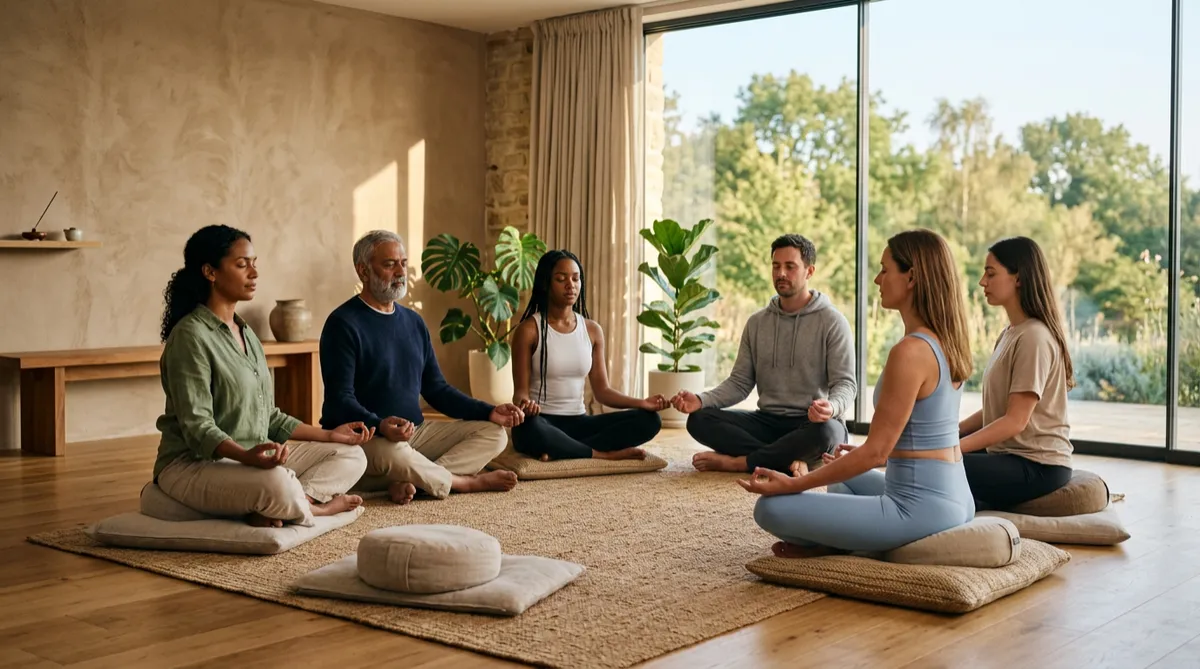 Wide photo of a calm meditation group in a modern wellness studio, representing the Yoganiinfo Conscious Living Membership