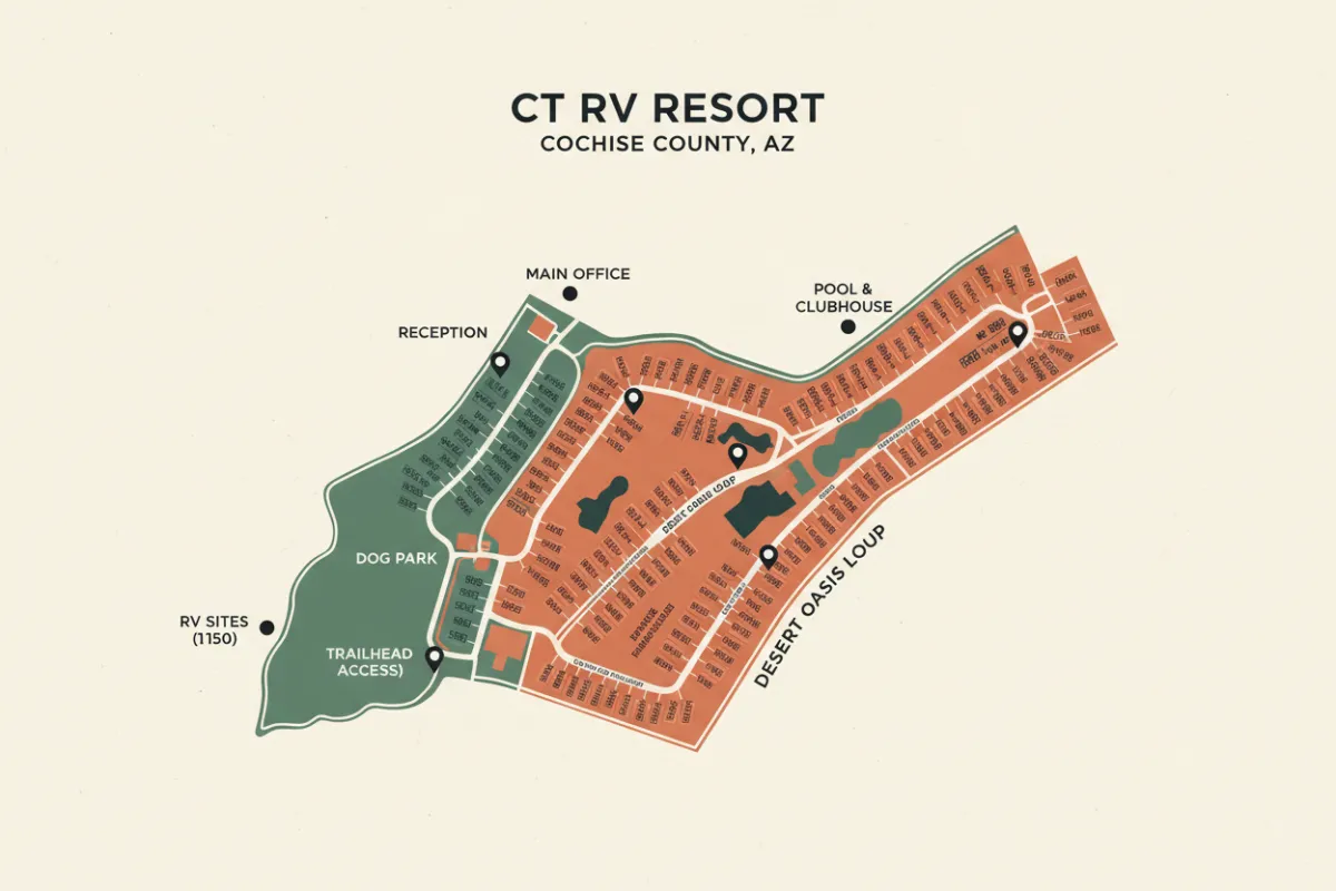 Stylized map of CT RV Resort in Cochise County