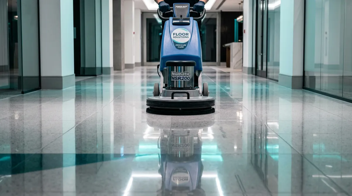 Commercial floor care buffing machine on reflective polished tile with post-construction clean surfaces