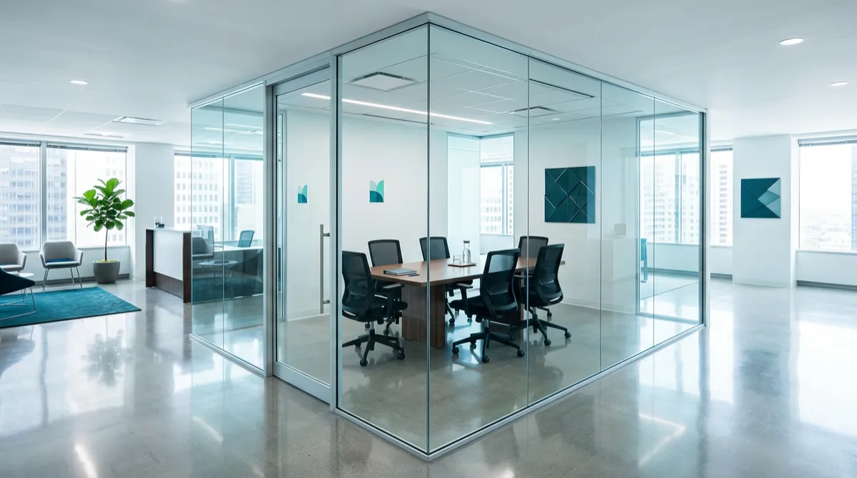Spotless executive office suite with sanitized glass conference partitions and pristine clinical presentation