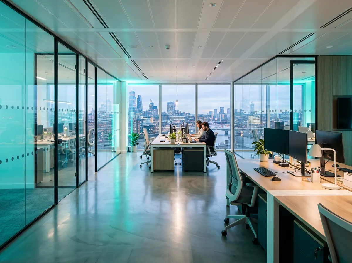 Bright, spotless commercial office suite with organized workstations and panoramic windows