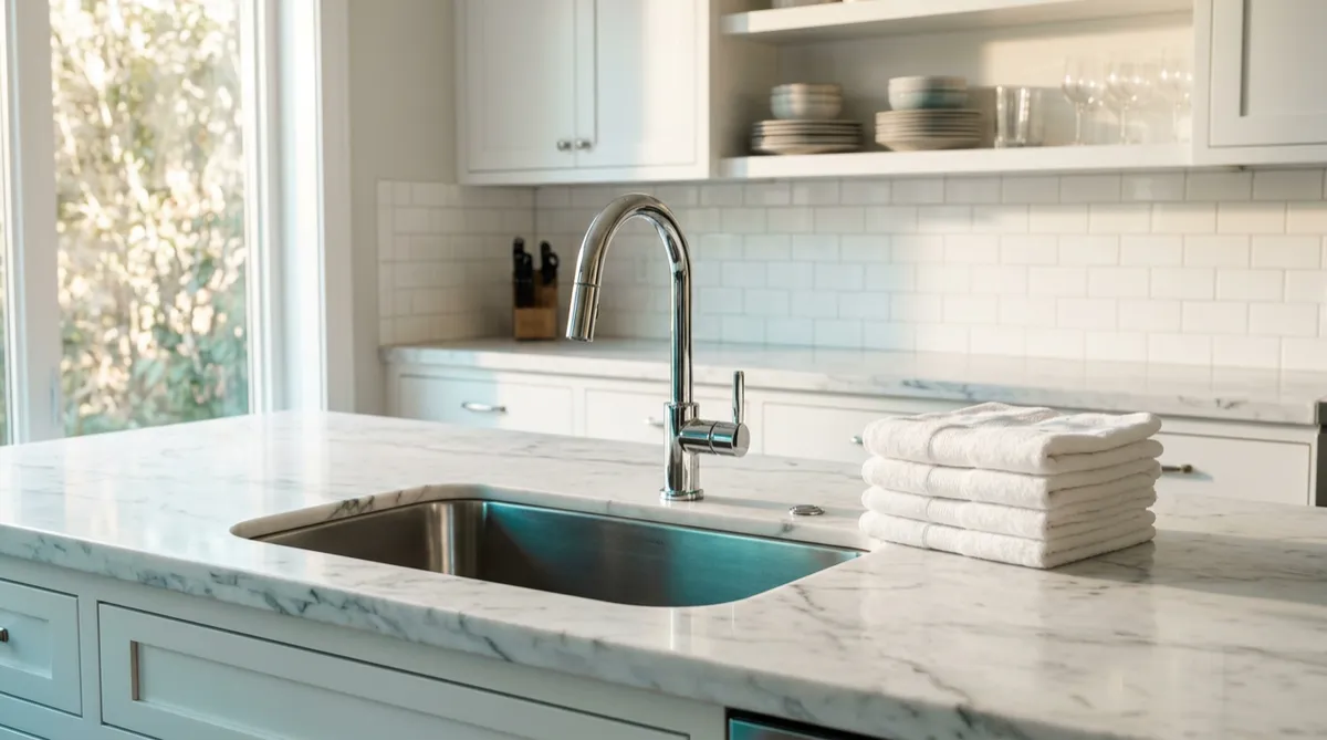 Immaculate coastal home kitchen featuring spotless marble countertops bathed in bright morning sunlight