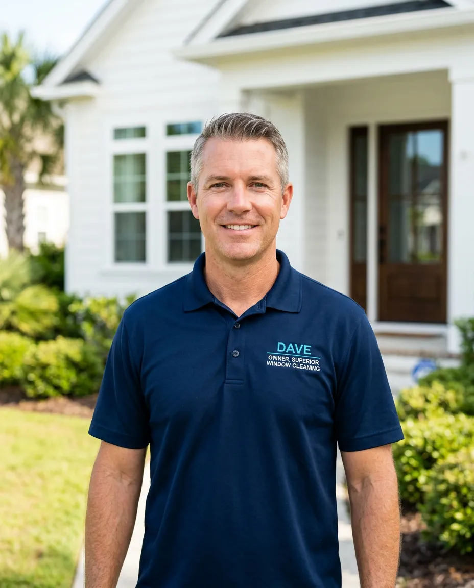 Owner of SW Cleaning LLC DBA Superior Window Cleaning and Power Washing standing in front of a Myrtle Beach area home