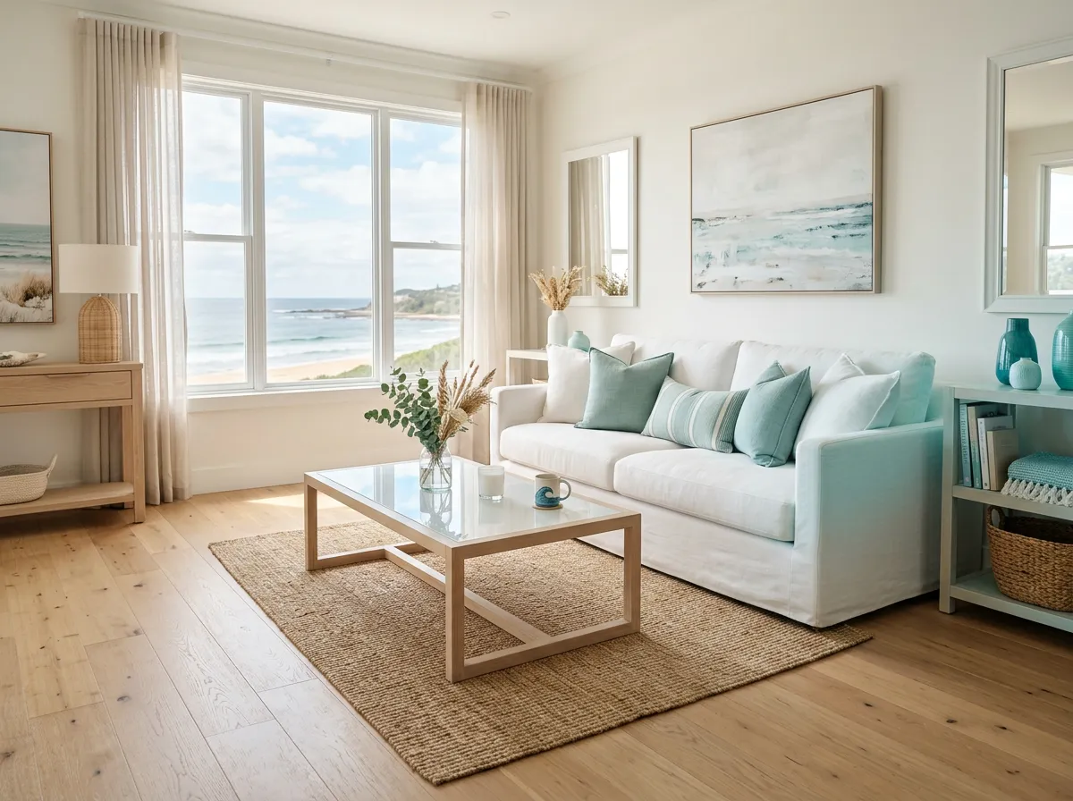 Impeccably clean coastal home living room with bright natural sunlight