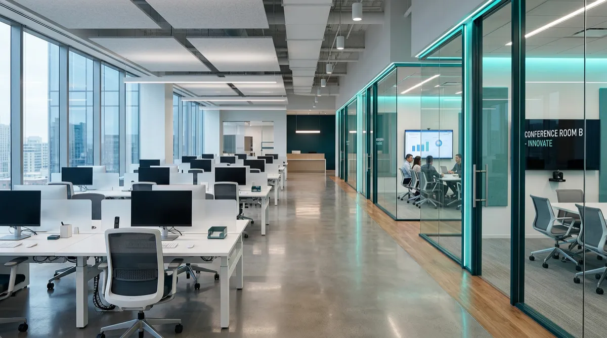 Corporate modern office with sanitized workstations and glass partition conference rooms