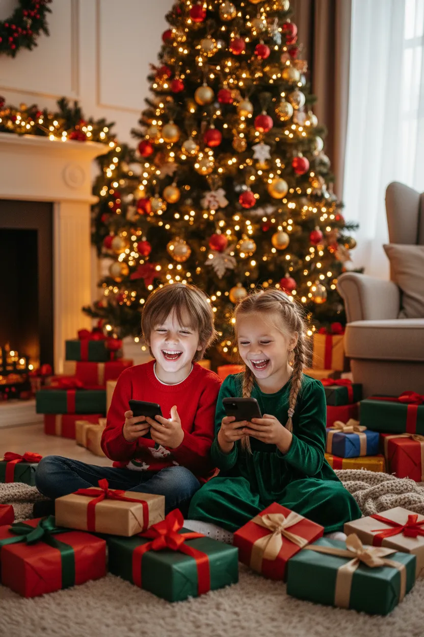 Two young children, one boy and one girl, sitting by a decorated Christmas tree, both holding a phone and laughing with delight, surrounded by wrapped gifts and twinkling lights, cozy living room, 2:3 aspect ratio.