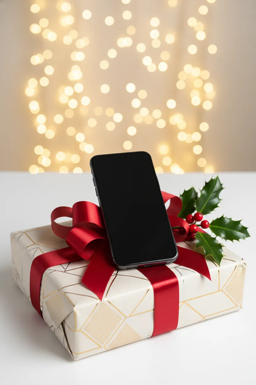 A beautifully wrapped Christmas gift box with a shiny red ribbon, a modern smartphone resting on top, and a sprig of holly beside it, set on a white table with soft golden lights in the background, 2:3 aspect ratio.