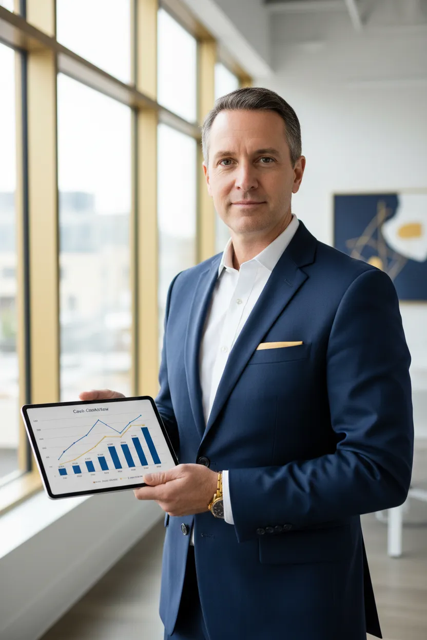 Portrait of a mid-40s male consultant in a modern office holding a tablet with cash-flow charts