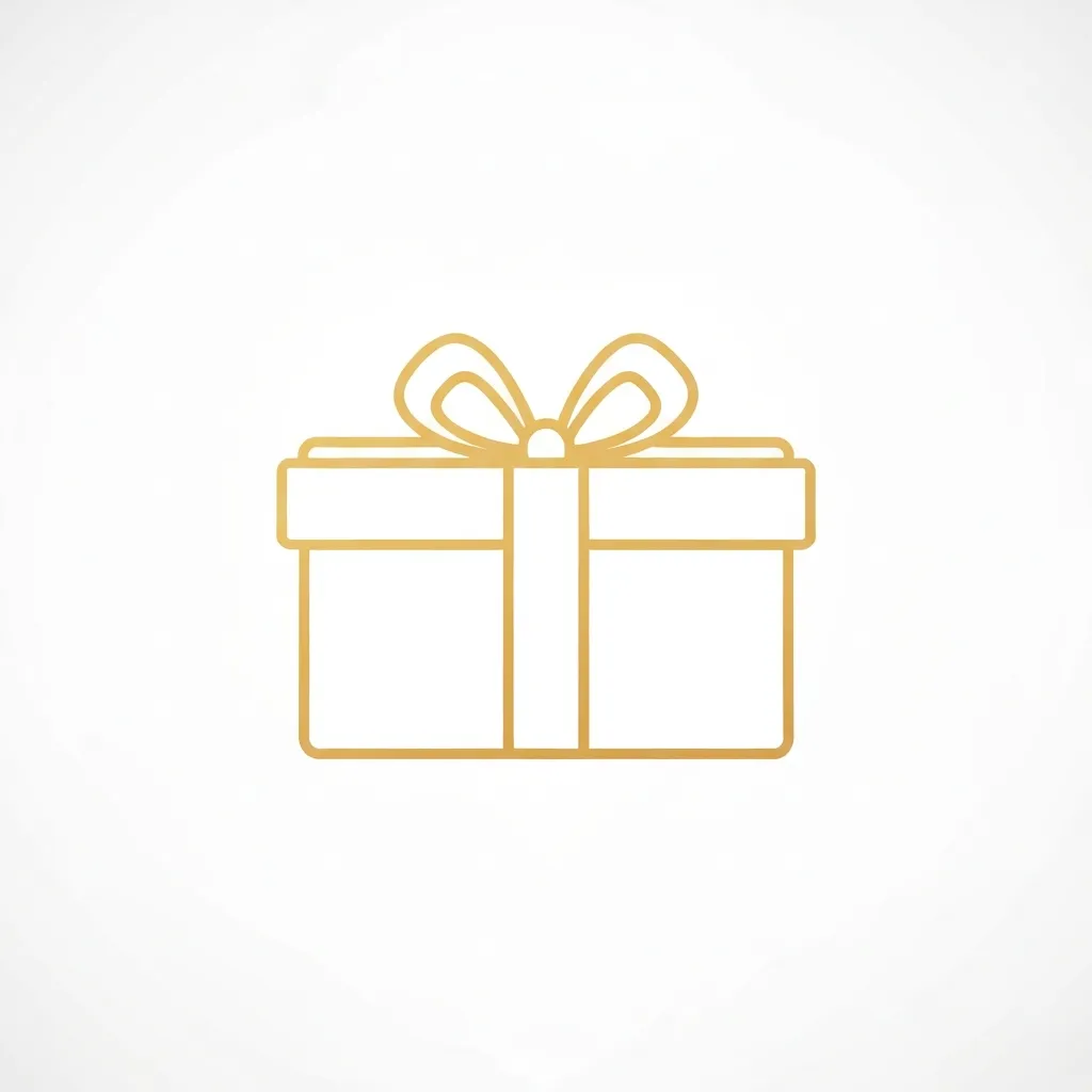 Small golden line-art icon of a gift box with a ribbon