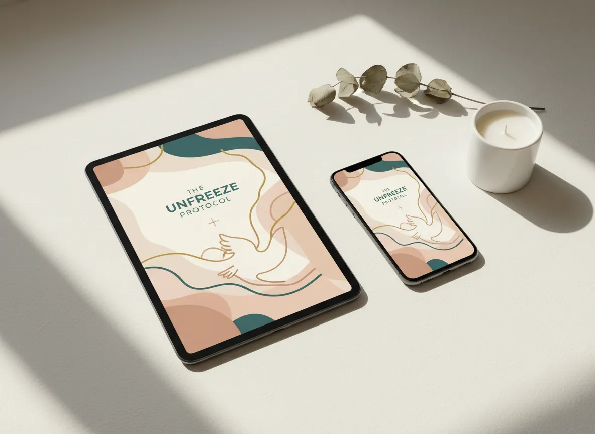 Mockup of The UnFreeze Protocol eBook on tablet and phone