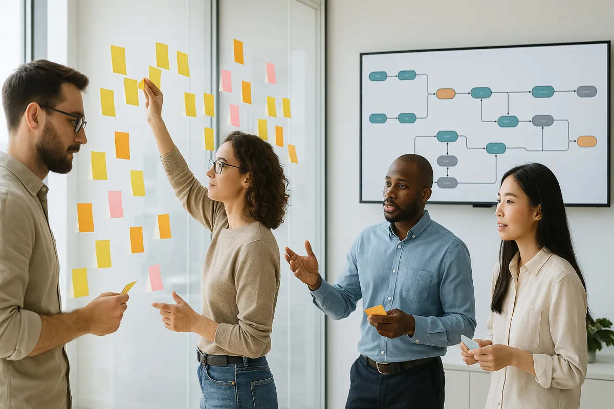 Cross-functional team workshop mapping workflows with sticky notes and a large monitor visualizing automation pipelines in a modern office.