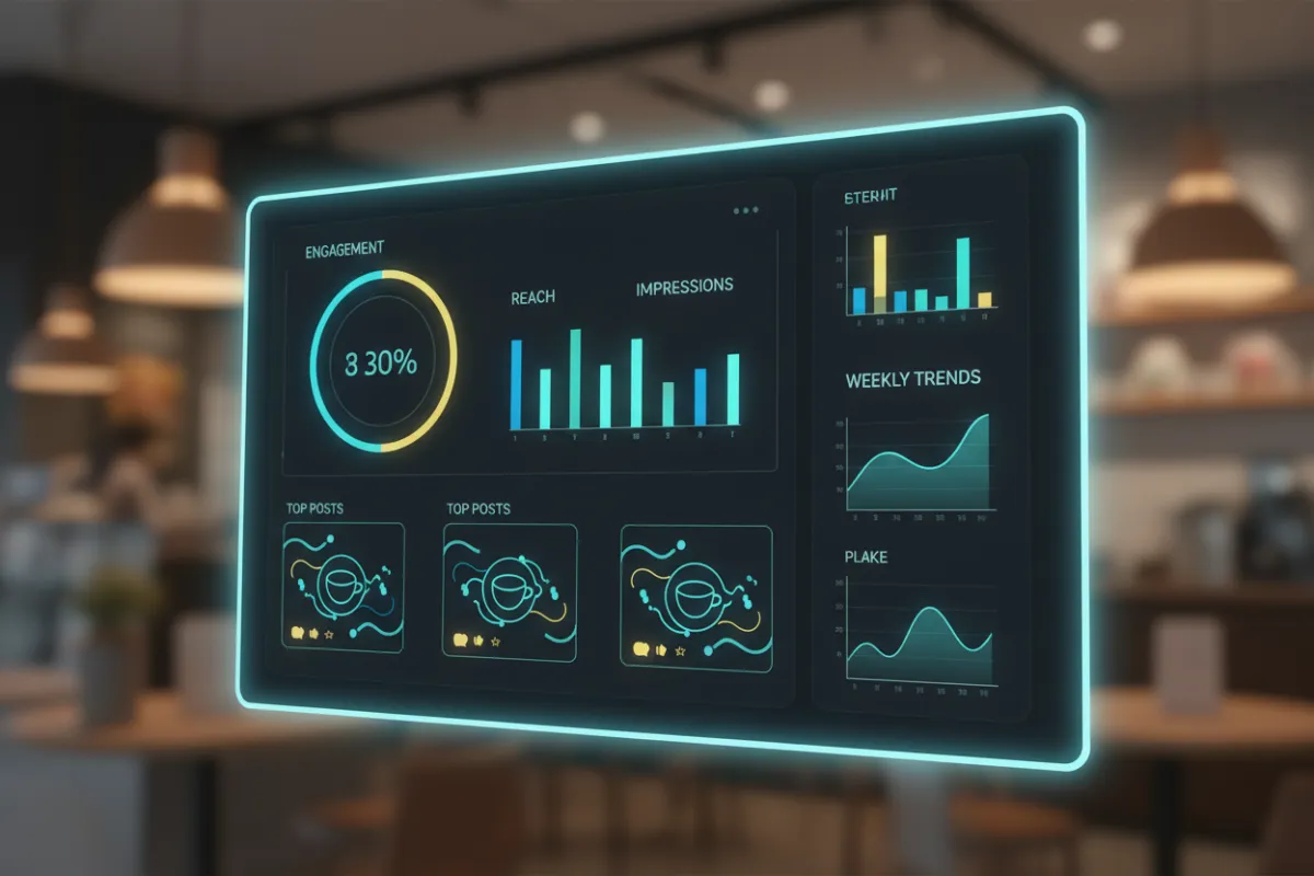 Social media campaign dashboard for a local café, displaying vibrant engagement metrics, branded posts with aqua highlights, and a modern analytics interface. The dashboard is clean, premium, and designed for clarity and impact.
