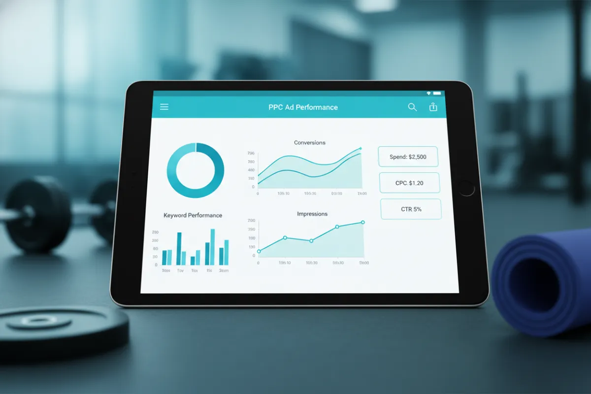 PPC ad performance report for a fitness studio, featuring a modern, aqua-themed dashboard with conversion graphs, keyword analytics, and a clean, professional layout. The report is visually striking and easy to interpret.