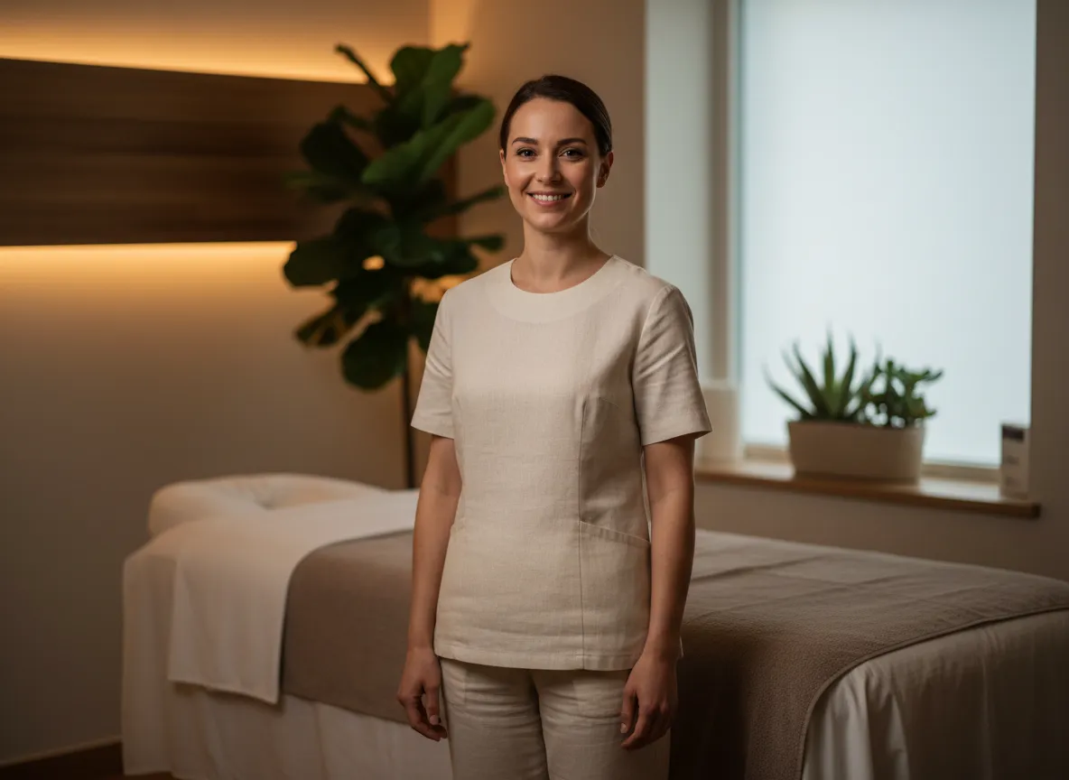 Professional massage therapist smiling in calming treatment room