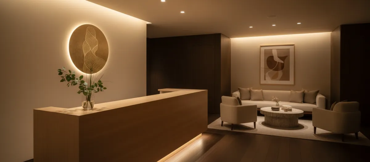 Spa reception with minimalist decor and warm neutral tones
