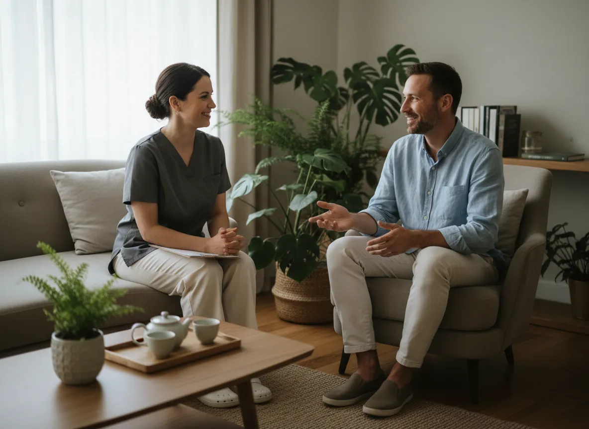 Calming massage therapy room with soft lighting and warm neutral colors