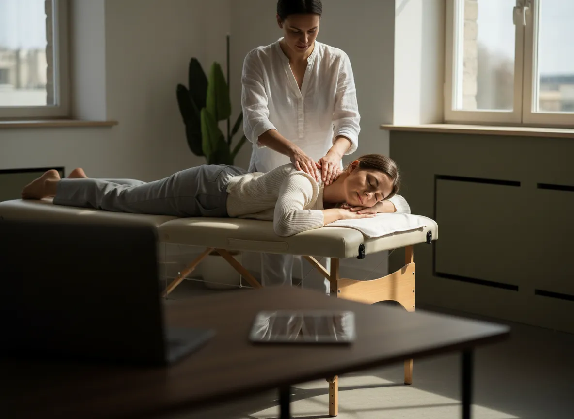 Desk worker receiving therapeutic back massage