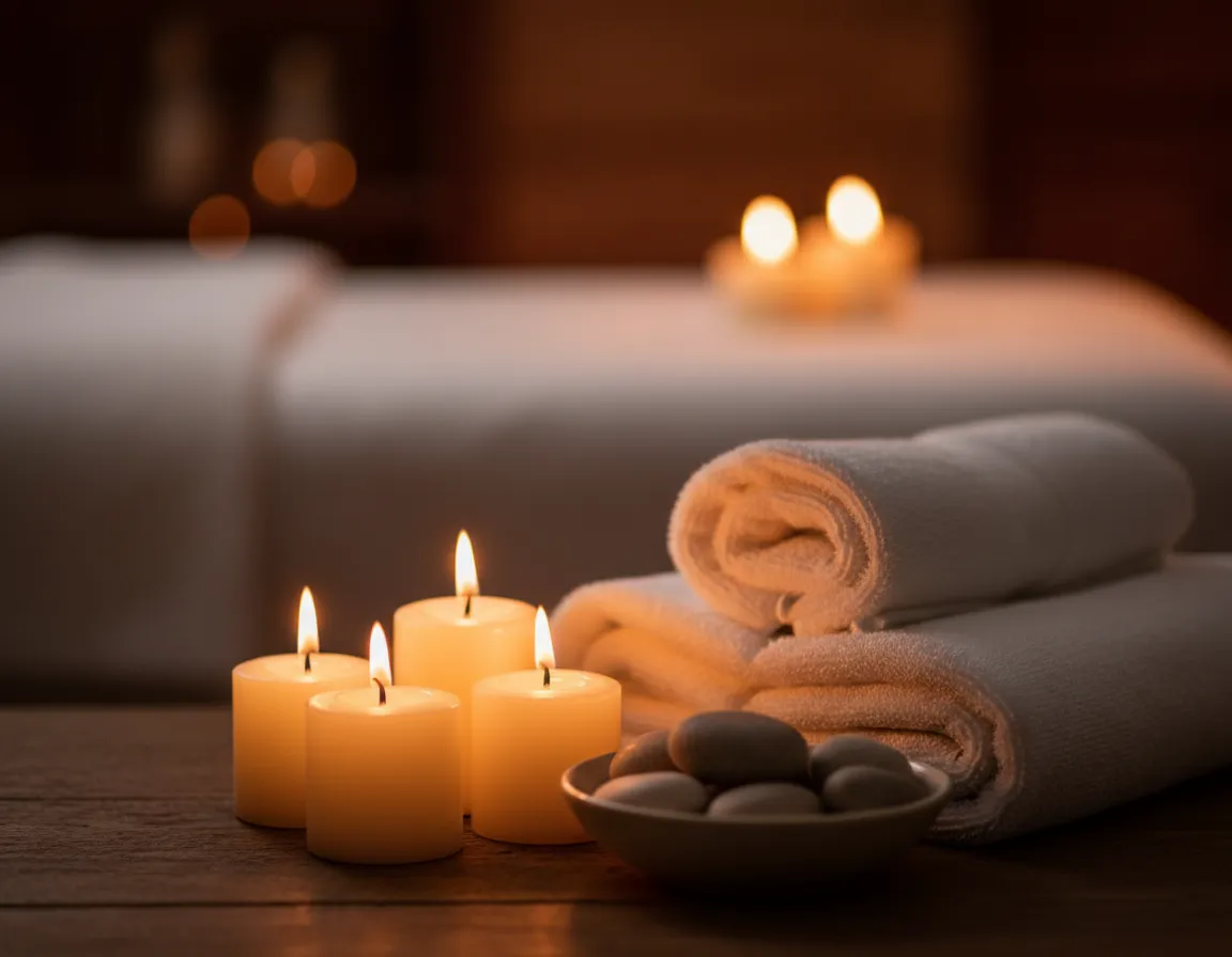 Lit candles beside folded towels in a spa