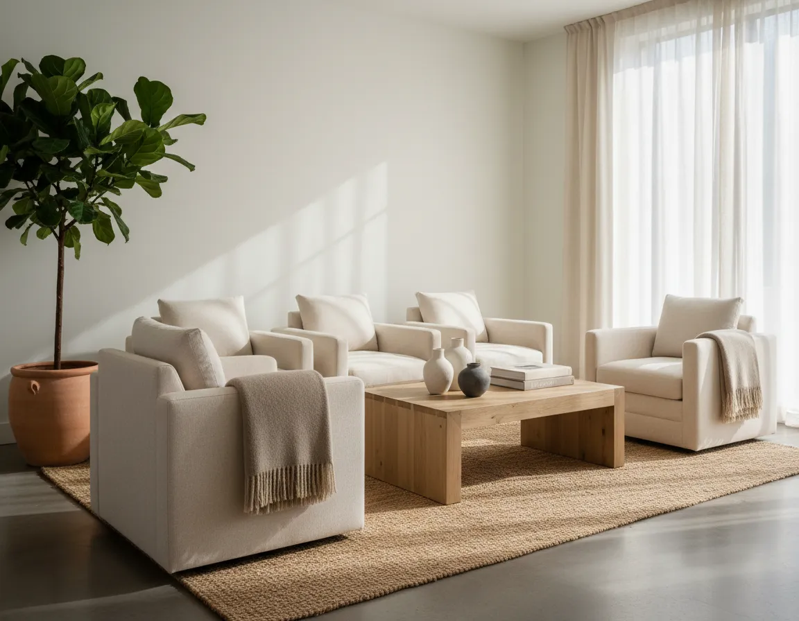 Spa waiting area with comfortable seating and greenery