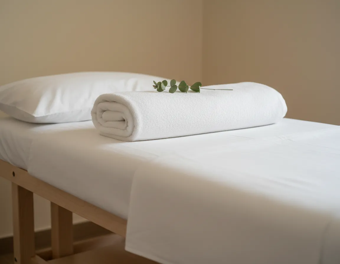 Massage treatment bed with neatly folded linens
