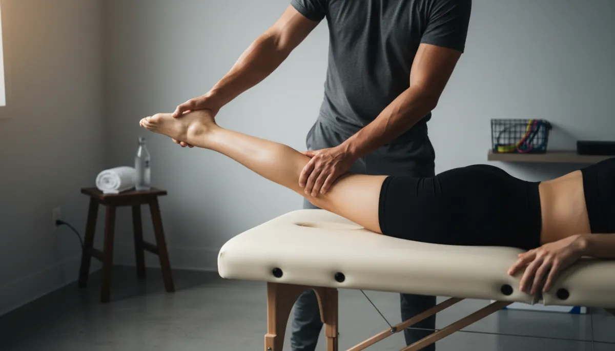 Sports massage therapist stretching client's leg muscles