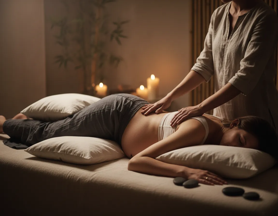 Prenatal massage with pregnant woman supported by pillows