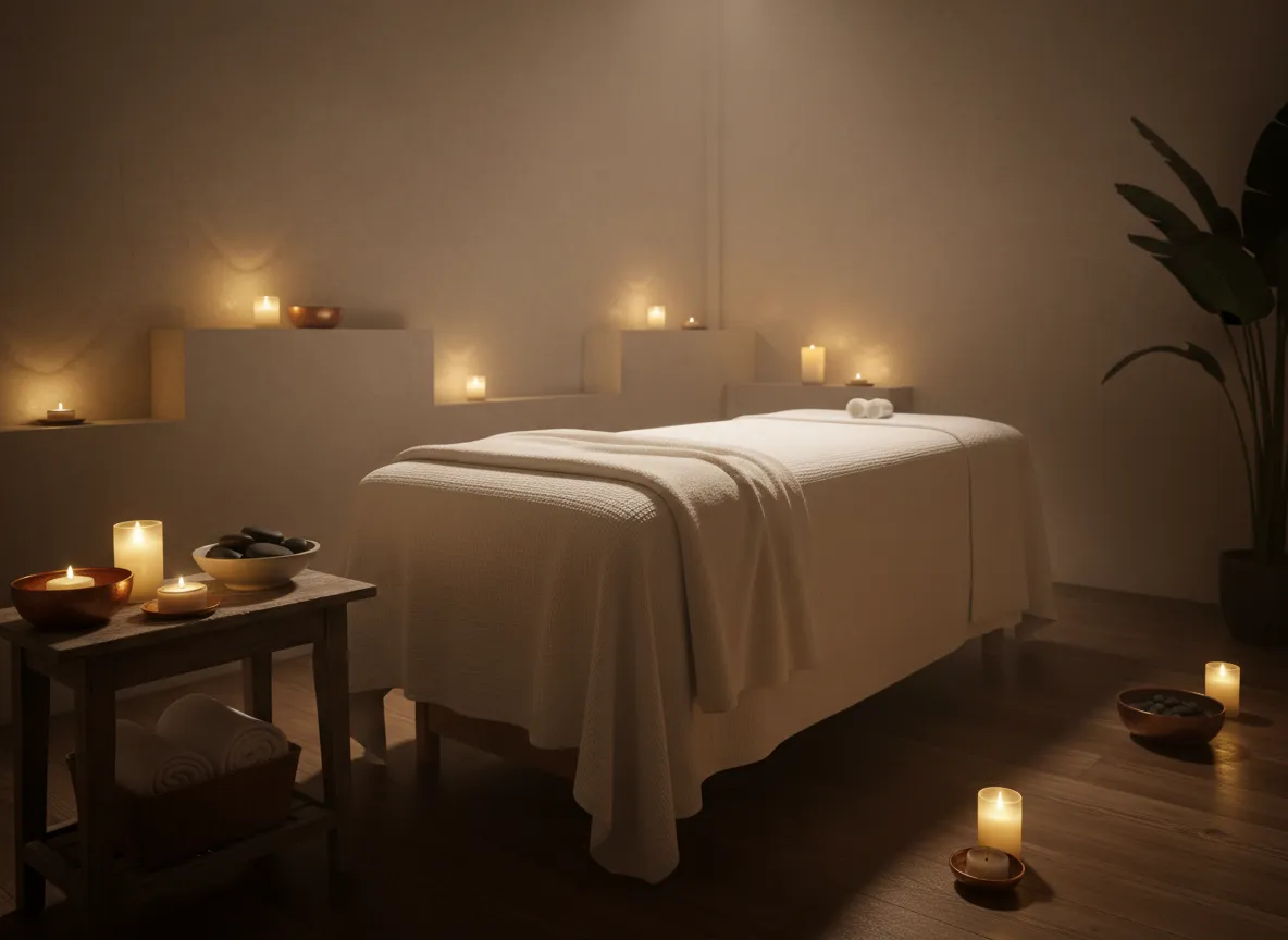 Massage room with neatly made table, soft linens, and candlelight creating a peaceful mood.