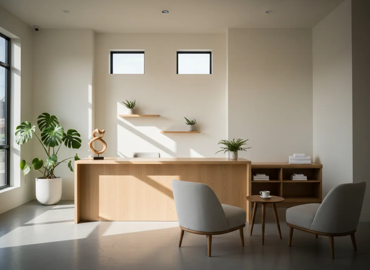 Calm spa reception area with light wood, plants, and soft natural light.