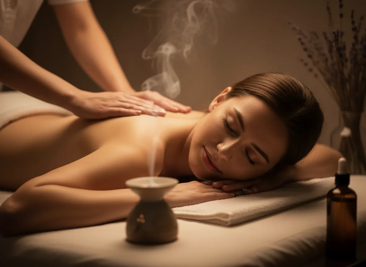 Client lying peacefully with eyes closed, enjoying a relaxing aromatherapy massage.