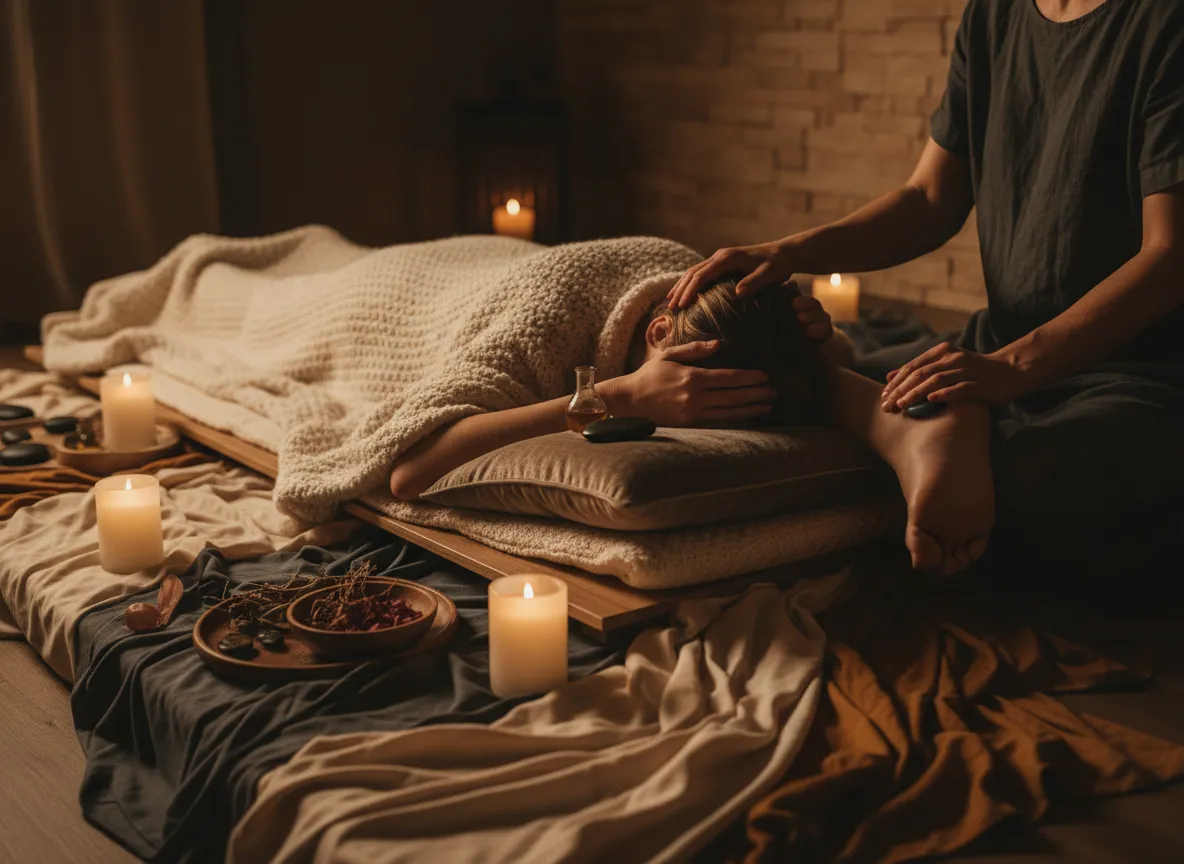 Hot stone massage with smooth stones placed along the spine