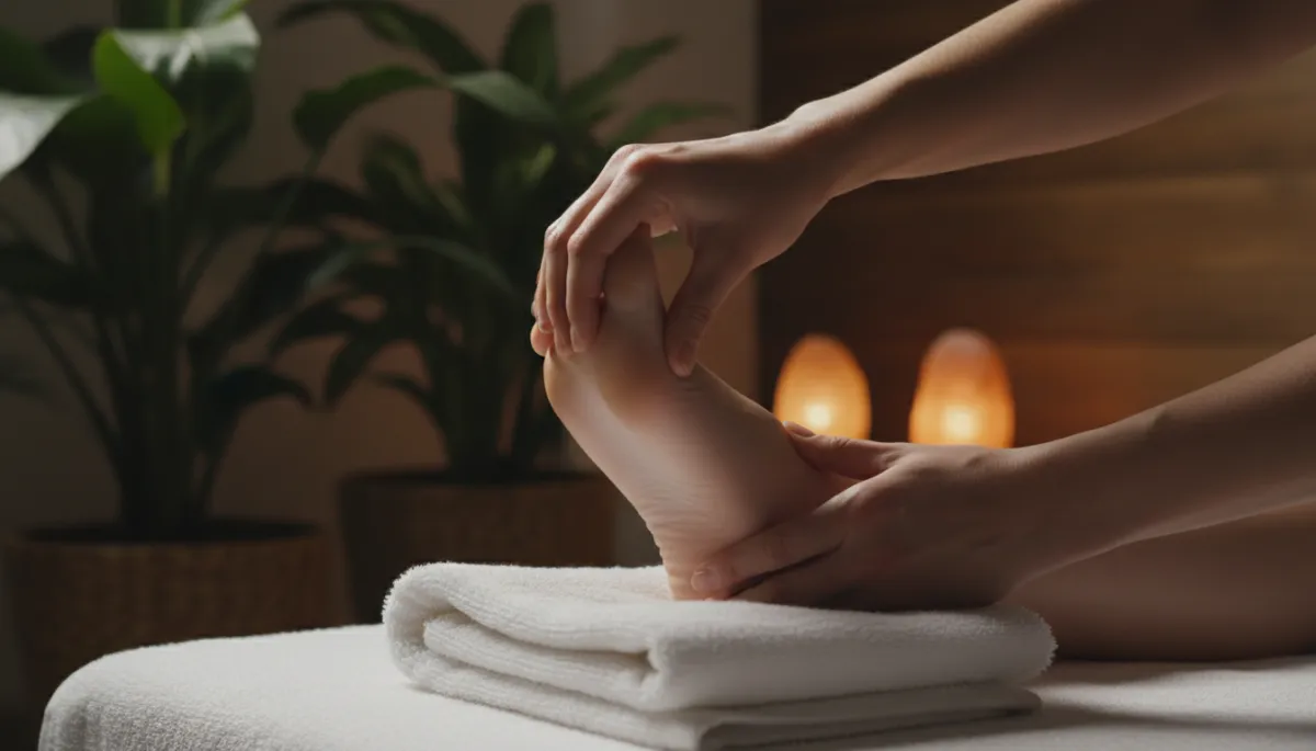 Foot reflexology treatment with therapist pressing pressure points on the sole