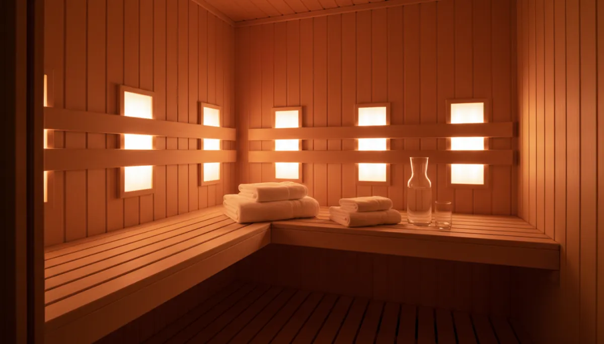 Warm infrared sauna cabin with soft lighting and wooden interior