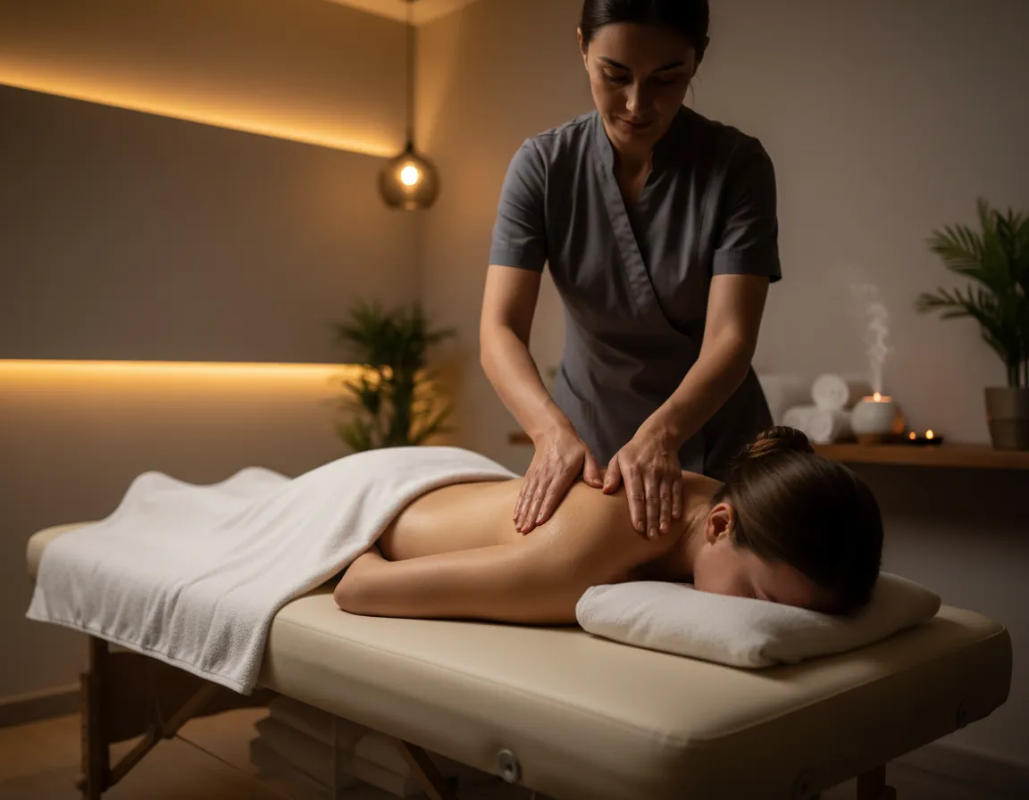 Relaxation massage with therapist working on client's back in calm spa room