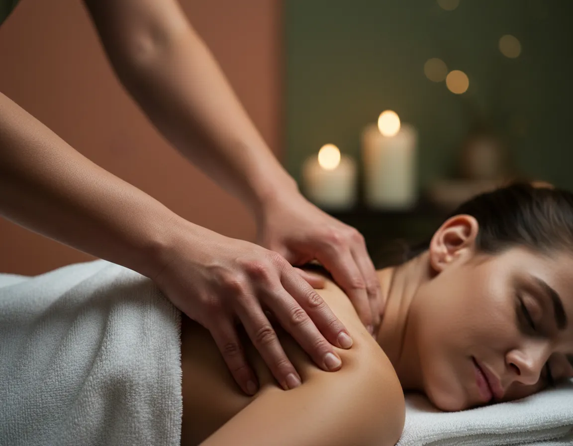 Therapist applying deep tissue massage to shoulder